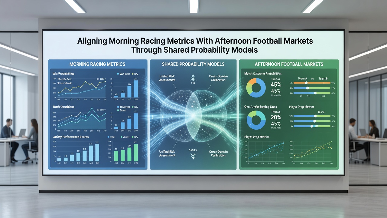 Dashboard interface displaying shared probability outputs for racing and football events side by side