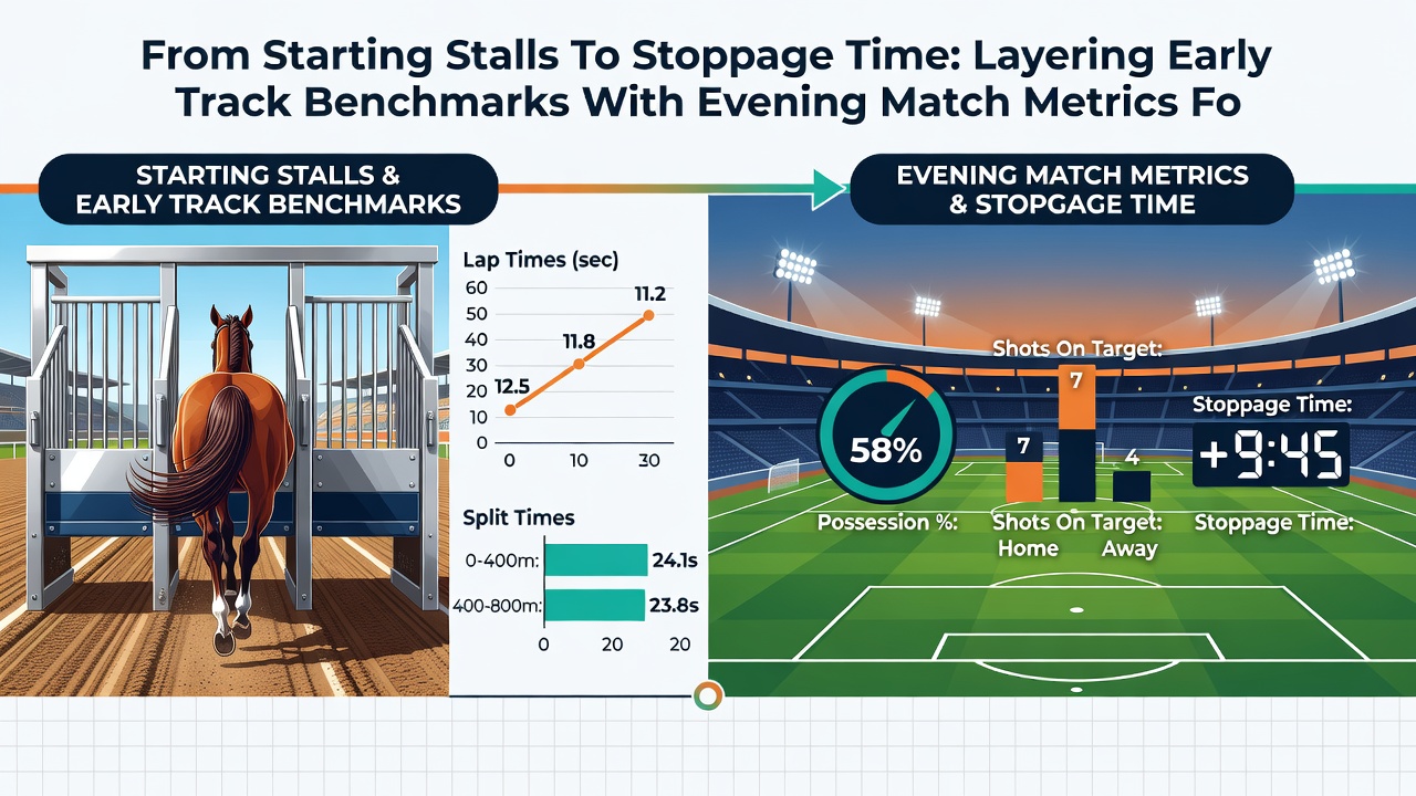 Evening football match statistics overlaying earlier horse racing benchmarks on a betting terminal screen