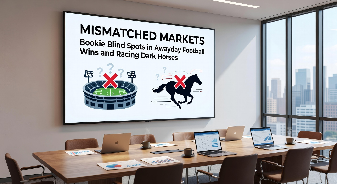 A shadowy horse overtaking favorites in a muddy race, with bookmaker odds boards in the background showing longshot prices climbing into double figures