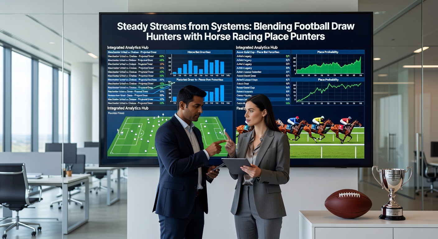 Data visualization chart comparing strike rates of football draws and horse racing places over a six-month period, with overlaid hybrid system performance curves