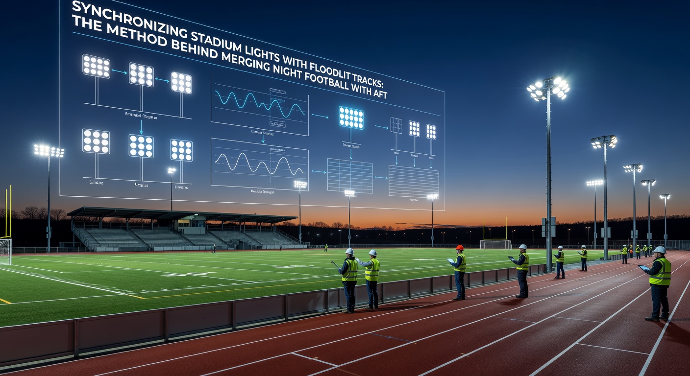 Control room operators monitoring synchronized lighting across football pitch and race track