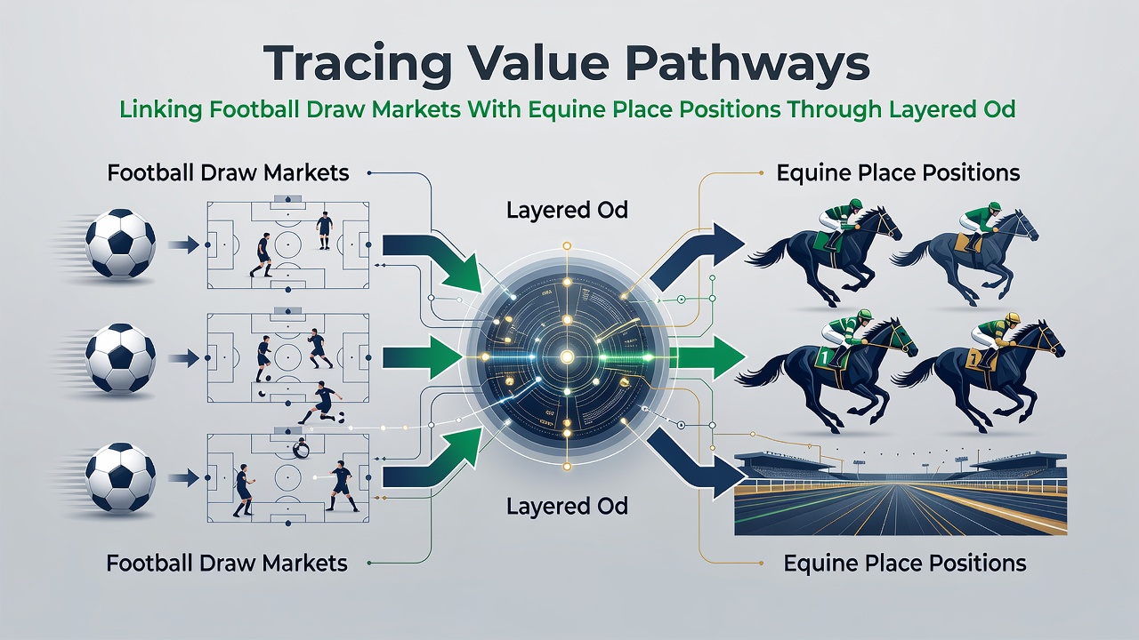 Illustration of matched betting structures linking soccer draws to horse racing places via odds layering