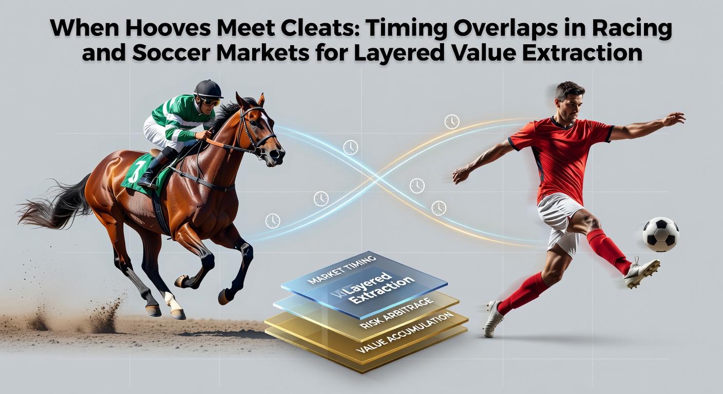 Split screen showing a horse race finish line on the left and a soccer player striking a ball on the right, illustrating overlapping betting opportunities